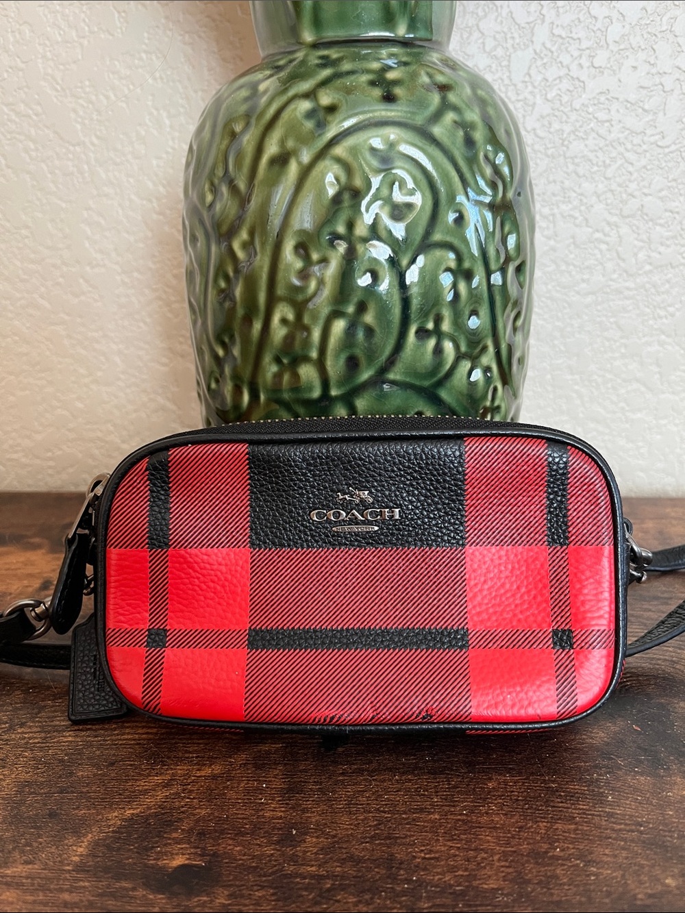 Coach Red and Black Plaid Double zip Small Crossbody Pouch